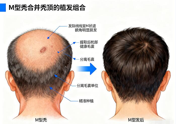 M型秃+秃顶双难题破解:组合植发技术重塑浓密发际线