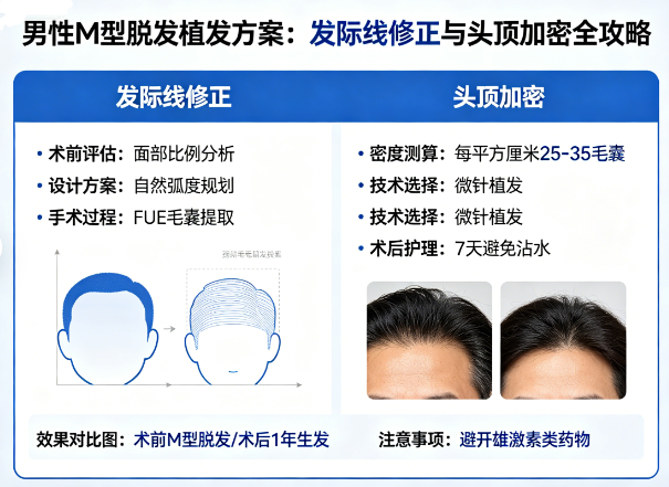 男性M型脱发植发方案：发际线修正与头顶加密全攻略