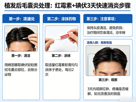 植发后毛囊炎怎么处理?红霉素+碘伏的3天快速消炎步骤