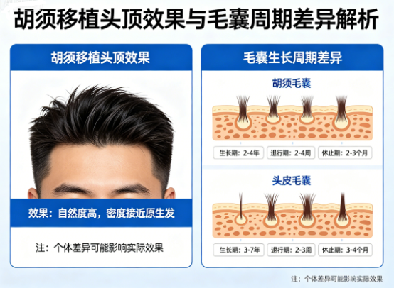 胡须移植头顶效果好吗?胡须毛囊与头皮毛囊的生长周期差异