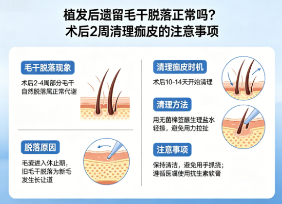 植发后遗留毛干脱落正常吗？术后2周清理痂皮的注意事项